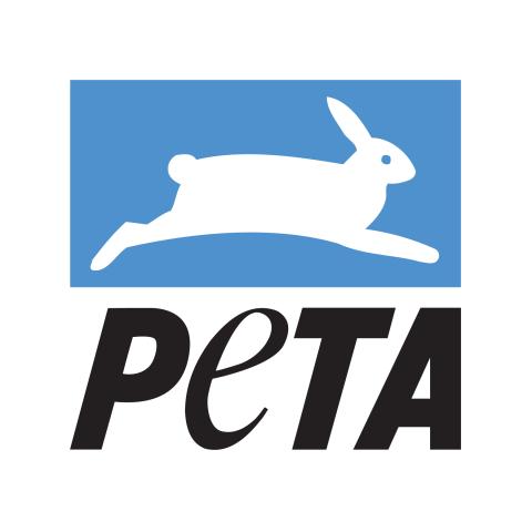 PETA logo: a blue rectangle with a white leaping bunny illustration inside, stacked over the text PeTA